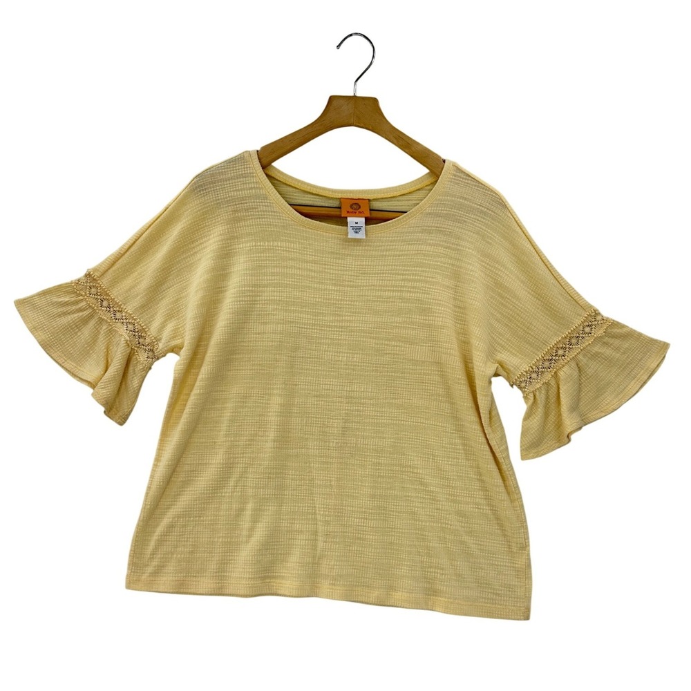 Ruby Rd Womens Yellow Crochet Trim Ruffle Sleeve Textured Knit Top Size M
